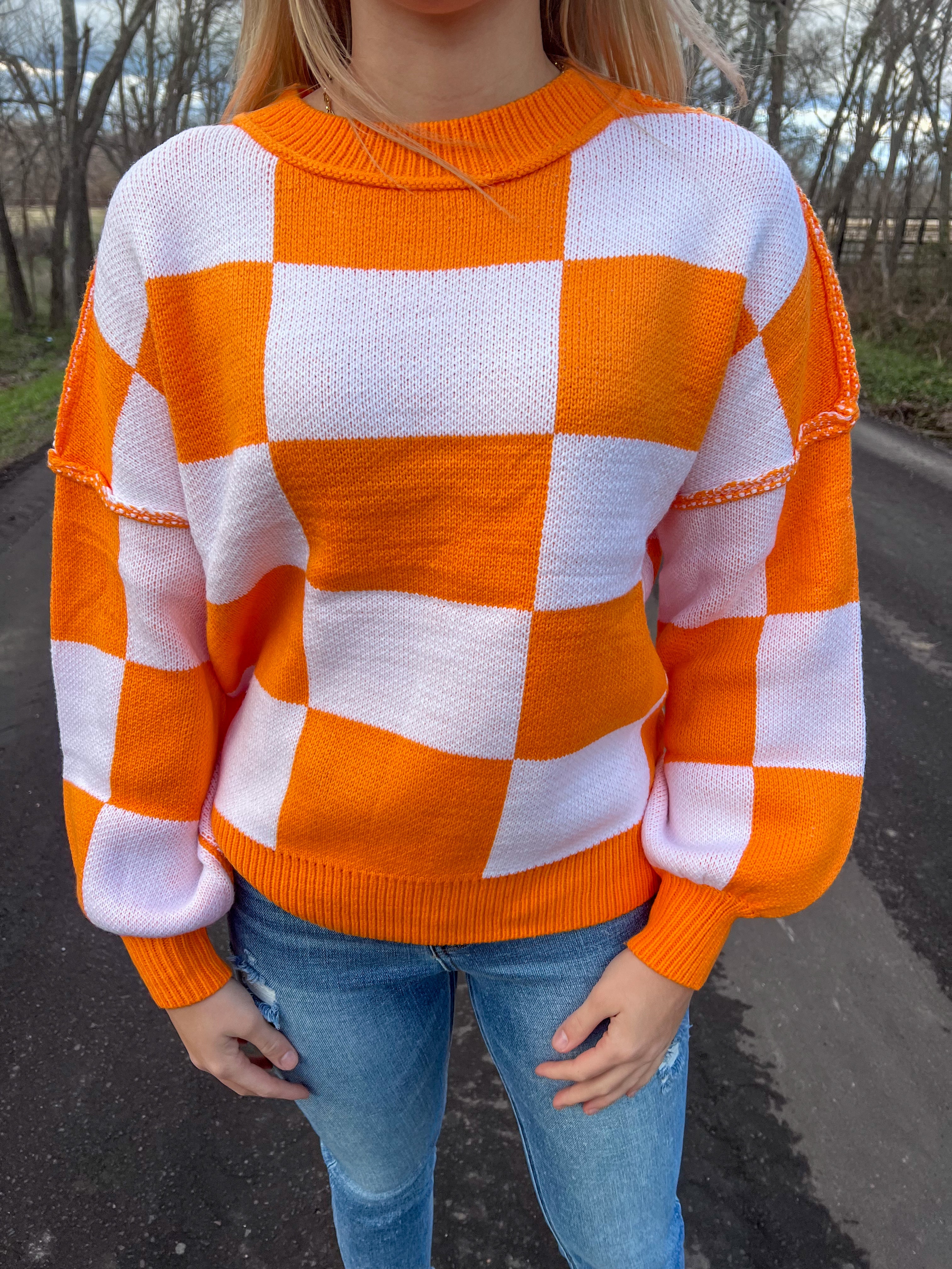 Orange Checkered Exposed Seam Sweater